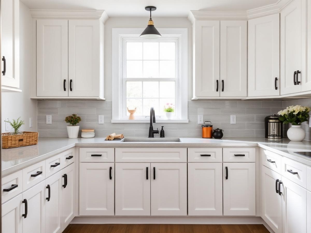 Freshly painted white kitchen cabinets with black hardware