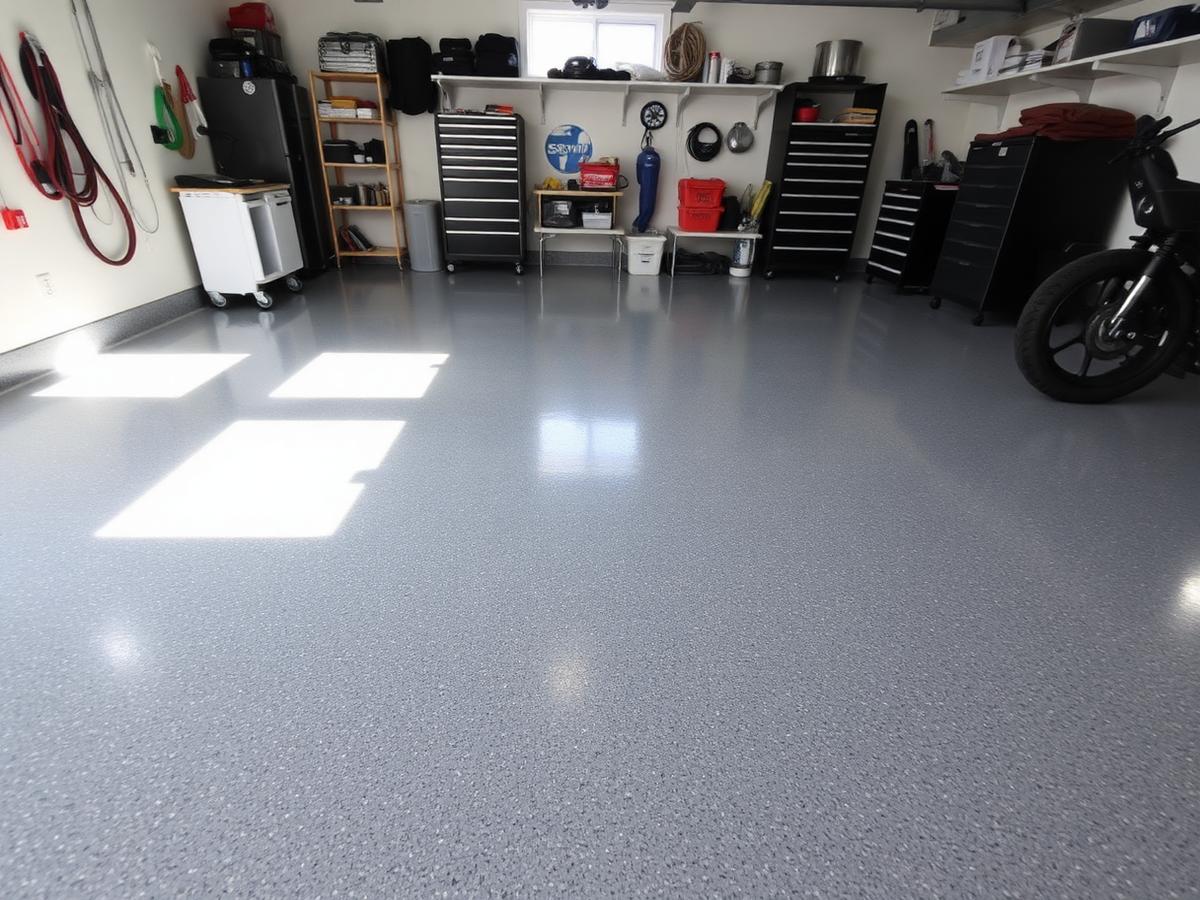 Gray flake epoxy garage floor with a glossy finish