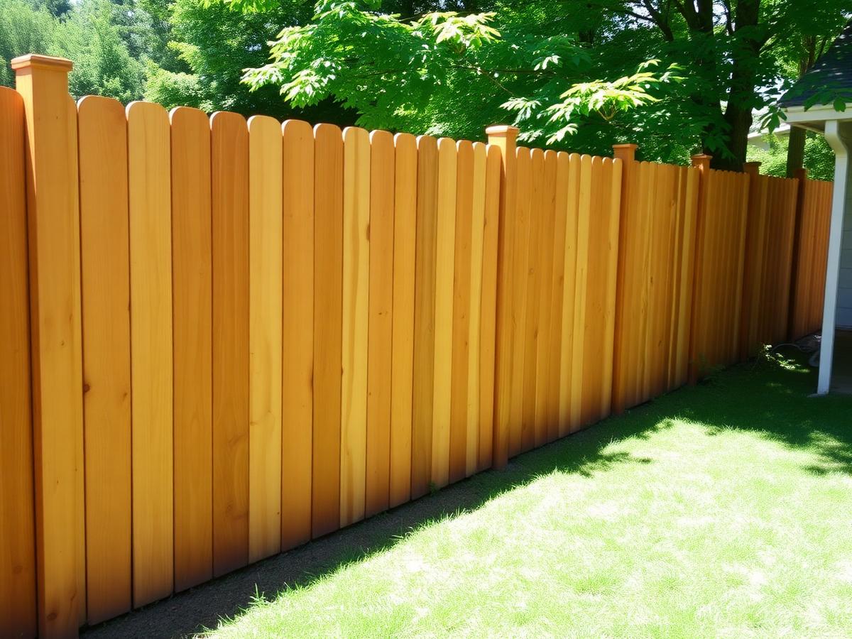 Newly stained cedar privacy fence in a backyard